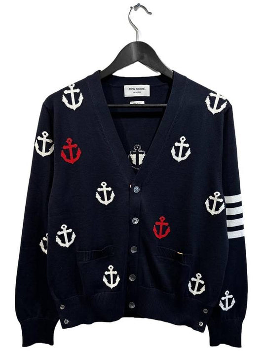 Anchor Intarsia 4-Bar V-Neck Cardigan Navy - THOM BROWNE - BALAAN 2