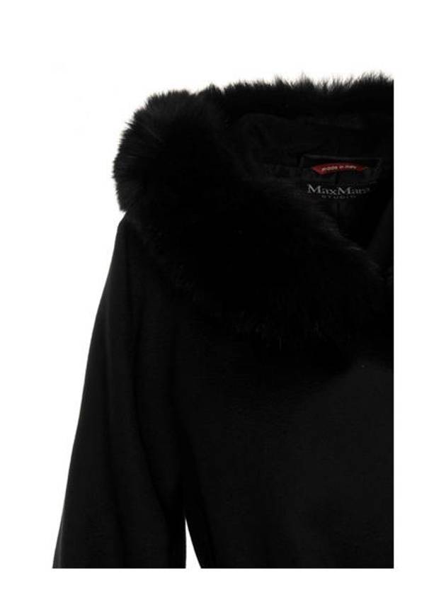 Studio Mango Fox Fur Hooded Wool Single Coat Black - MAX MARA - BALAAN.