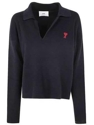 De Coeur Small Heart Logo Polo Knit Top Black - AMI - BALAAN 1