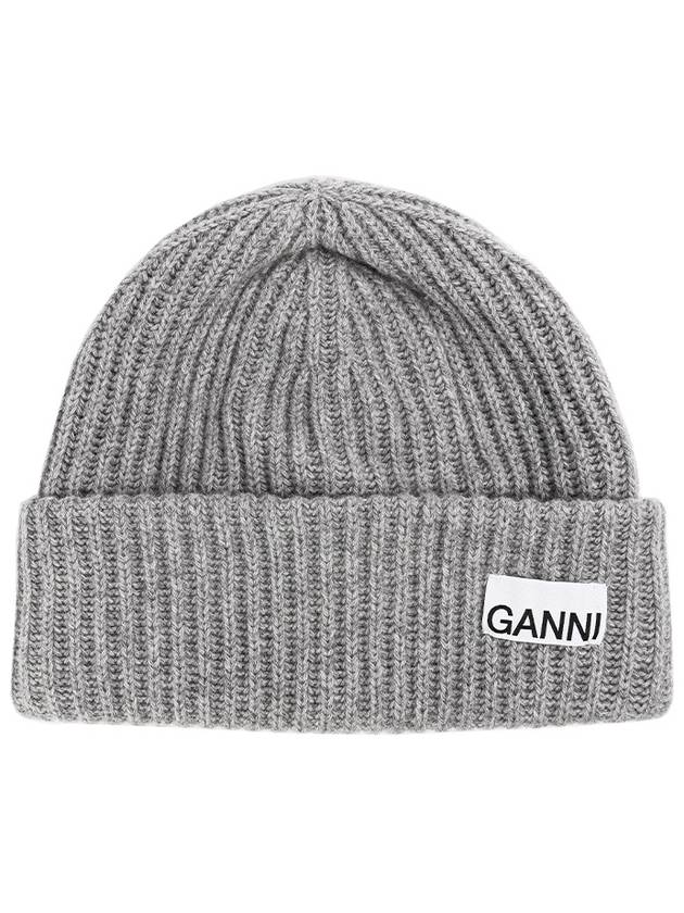 Logo Patch Knit Beanie Grey - GANNI - BALAAN 2