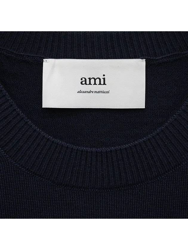 Heart Embroidered Logo Crew Neck Knit Top Navy - AMI - BALAAN 3