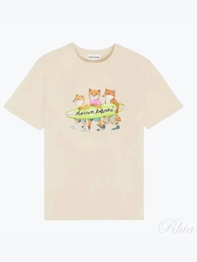 Surfing Foxes Logo Print Short Sleeve T-Shirt Beige - MAISON KITSUNE - BALAAN 2