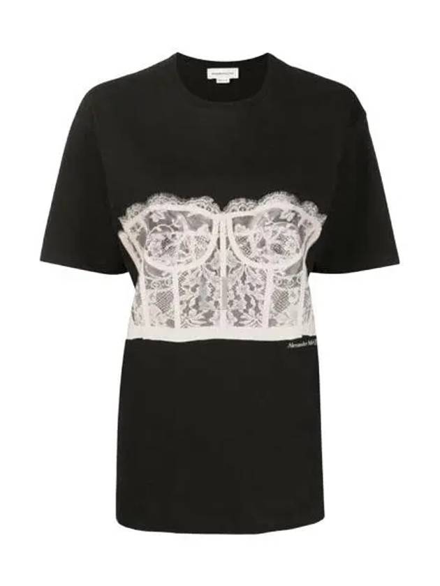 Lace Corset Print Short Sleeves T-Shirt Black - ALEXANDER MCQUEEN - BALAAN 2