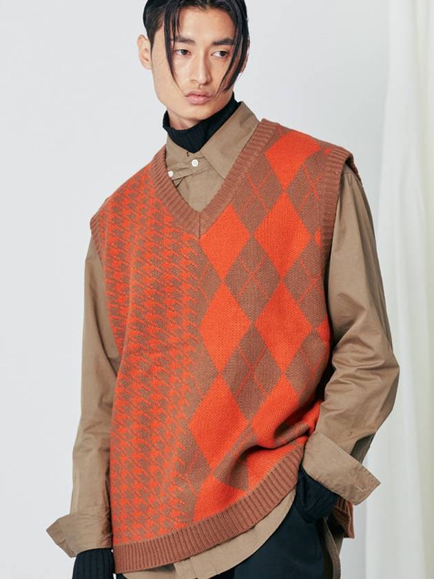 Argyle Houndstooth Half Half Knit Vest Orange - S SY - BALAAN 2