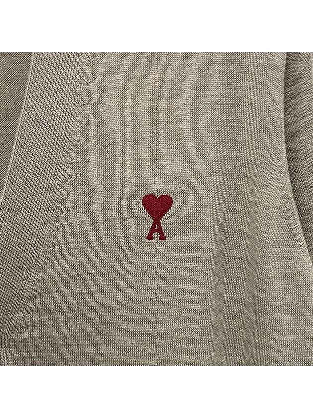 Red Heart Logo Merino Wool Cardigan Beige - AMI - BALAAN 6