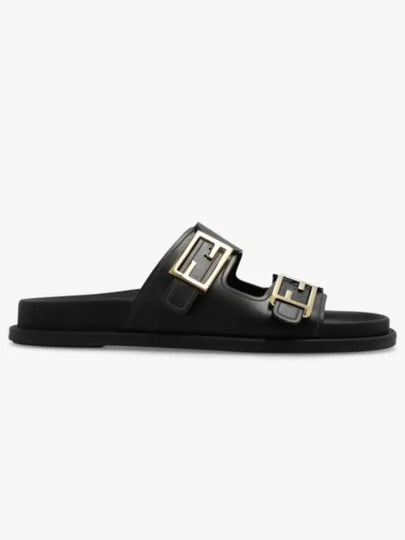 Women's FF Leather Fill Flat Sandals Slippers Black - FENDI - BALAAN 2