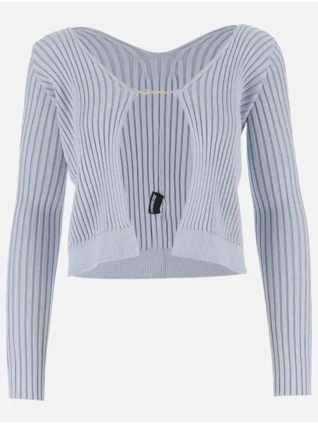 La Maille Pralu Longue Micro Charm Logo Cardigan Light Blue - JACQUEMUS - BALAAN 3