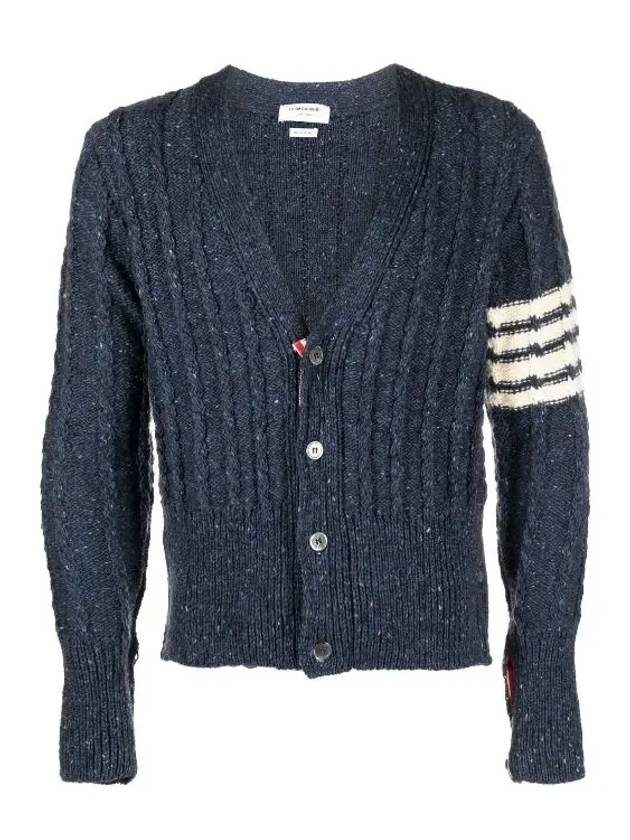 Donegal Twist Cable 4 Bar Classic V Neck Cardigan Blue - THOM BROWNE - BALAAN 2