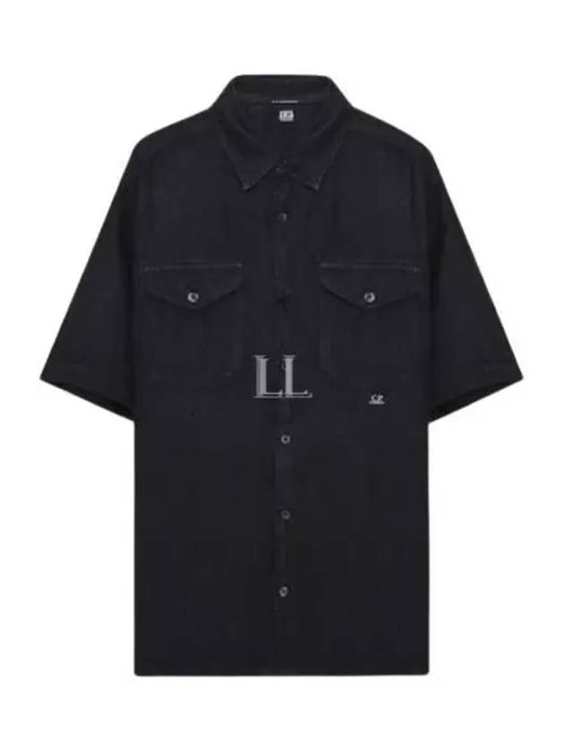 Small Logo Button Linen Short Sleeve Shirt Black - CP COMPANY - BALAAN 2