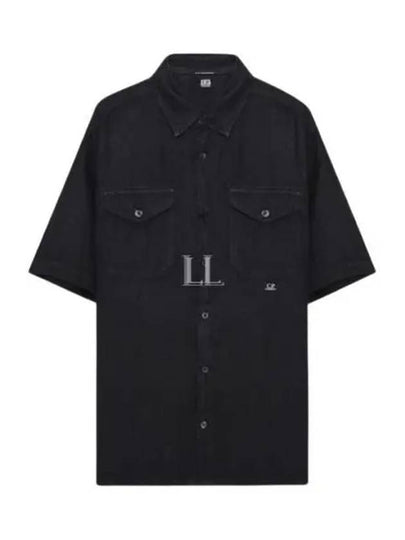 Small Logo Button Linen Short Sleeve Shirt Black - CP COMPANY - BALAAN 2