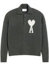 De Coeur Intarsia Knit Long Sleeve Polo Shirt Dark Grey - AMI - BALAAN 2