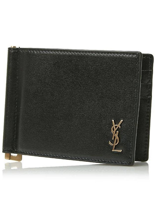 Tiny Cassandre Gold Monogram Logo Money Clip Card Wallet Black - SAINT LAURENT - BALAAN.