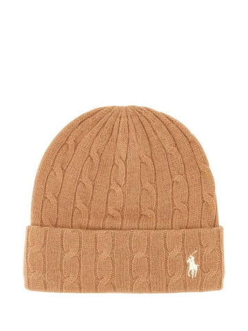 Embroidered Pony Cable Knit Beanie Brown - POLO RALPH LAUREN - BALAAN 1