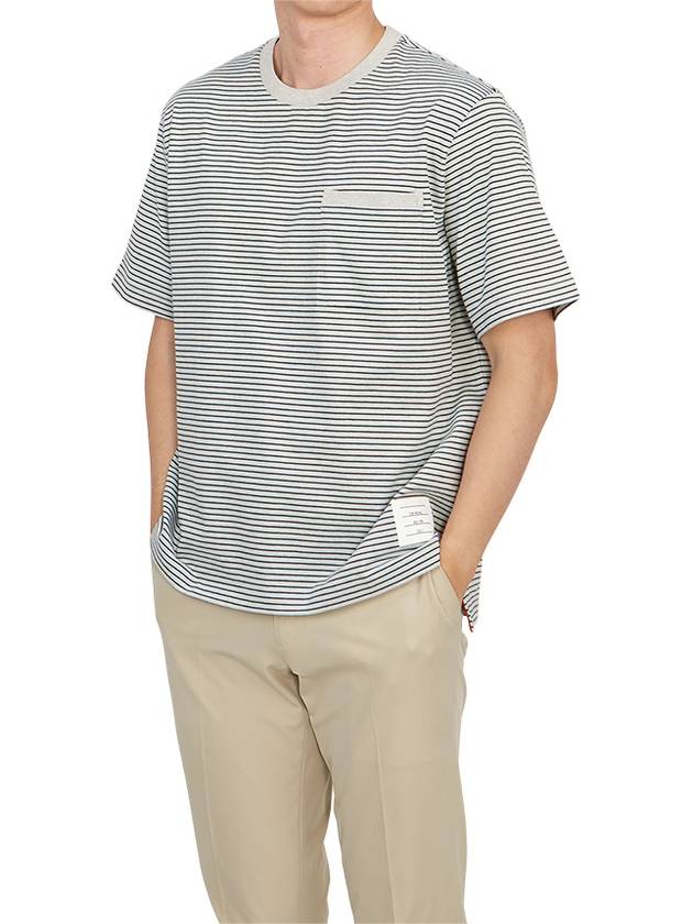 Striped Pocket Cotton Oversized Short Sleeve T-Shirt Blue - THOM BROWNE - BALAAN 5