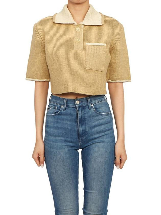 Le Maille Arco Contrasted Cropped Knit Polo Shirt Beige - JACQUEMUS - BALAAN 2