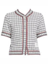 Women's Gingham Stripe Trimmed Short Sleeve Cardigan Medium Grey - THOM BROWNE - BALAAN 2