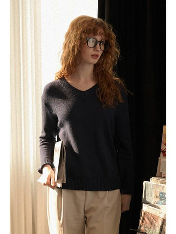 Ale Button Point Soft V-Neck Knit Top Navy - LAMARO - BALAAN 1