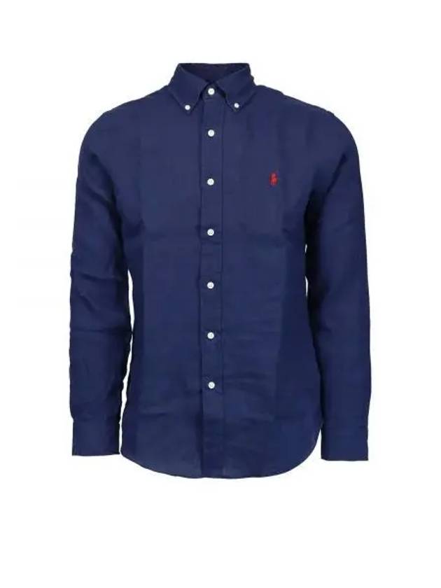 Men's Pony Embroidery Linen Oxford Long Sleeve Shirt Blue - POLO RALPH LAUREN - BALAAN 2