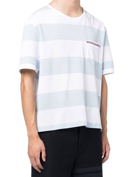 Men's Rugby Striped Pick Pocket Short Sleeve T-Shirt Light Blue White - THOM BROWNE - BALAAN 2