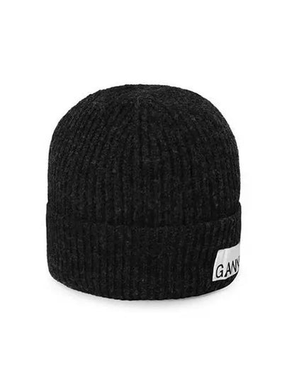 Logo Label Rib Knit Wool Beanie Dark Grey - GANNI - BALAAN 2