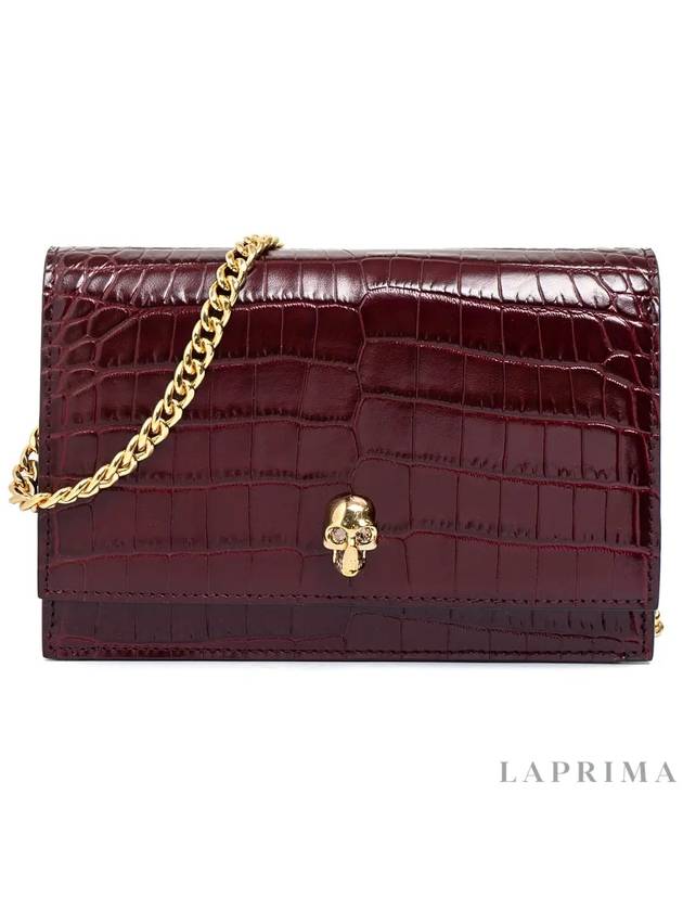 Gold Plated Skull Crocodile Leather Mini Shoulder Bag Burgundy - ALEXANDER MCQUEEN - BALAAN.