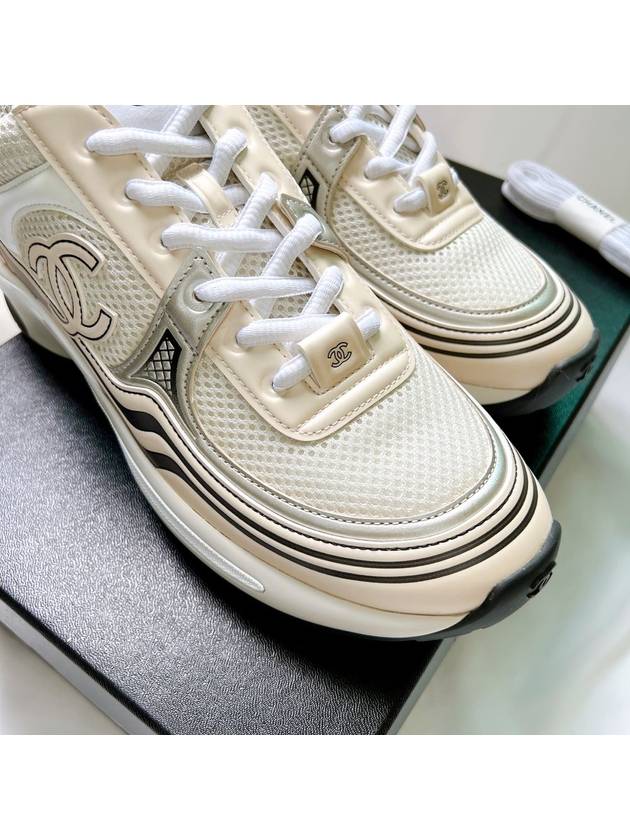 Women CC Logo Fabric Laminated Low Top Sneakers Silver Ivory - CHANEL - BALAAN 11