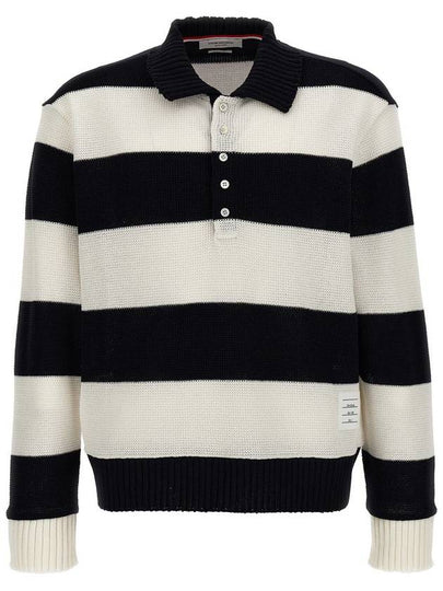 Striped Cotton Long Sleeve Polo Shirt Navy - THOM BROWNE - BALAAN 2