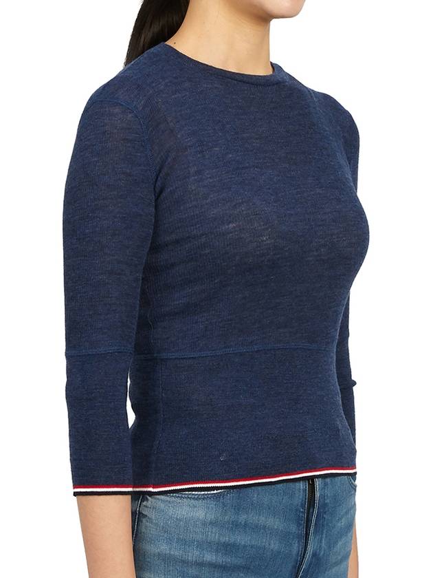 Women's Wool Rib 3/4 Sleeve Crew Neck Pullover Knit Top Navy - THOM BROWNE - BALAAN 4