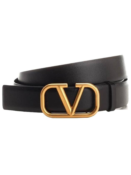 Gold V Logo Signature Leather Belt Black - VALENTINO - BALAAN 1