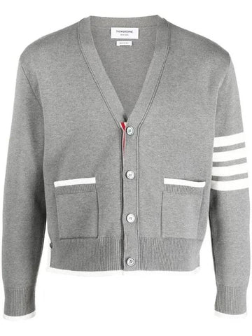 V-Neck Diagonal Armband Cardigan Grey - THOM BROWNE - BALAAN 1