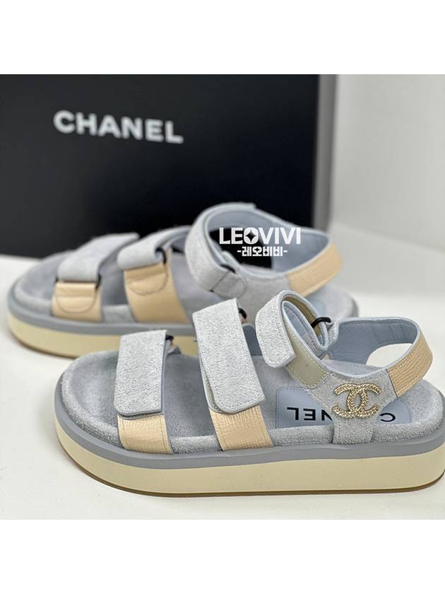 Logo Gold Velcro Suede Strap Sandals Beige Blue - CHANEL - BALAAN 3