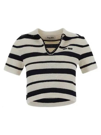 Logo Open Collar Striped Short Sleeve Knit Top White Blue - MIU MIU - BALAAN 2