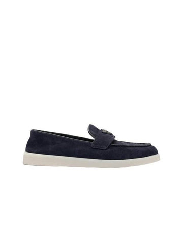 Triangle Logo Suede Leather Loafers Navy - PRADA - BALAAN 1