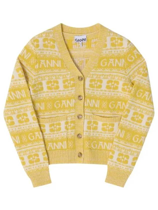 Intarsia Logo Wool V-Neck Cardigan Yellow - GANNI - BALAAN 3