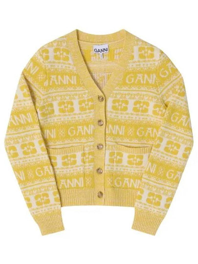 Intarsia Logo Wool V-Neck Cardigan Yellow - GANNI - BALAAN 2