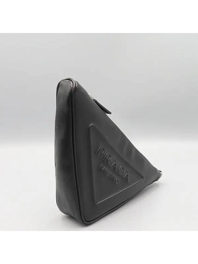 1NE039 Black leather triangle embossed lettering logo pouch clutch bag wrist strap - PRADA - BALAAN 3