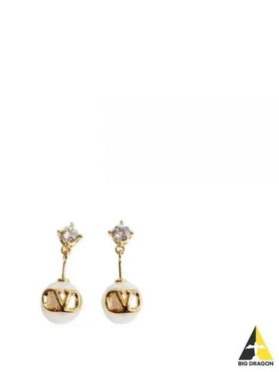 V Logo Crystal Pearl Earrings Gold - VALENTINO - BALAAN 2