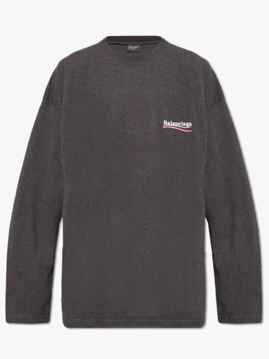 Embroidered Logo Cotton Long Sleeve T-Shirt Grey - BALENCIAGA - BALAAN 2