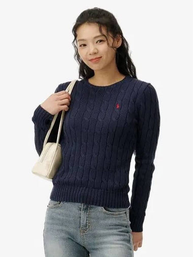 W cable knit cotton crewneck sweater blue - POLO RALPH LAUREN - BALAAN 1