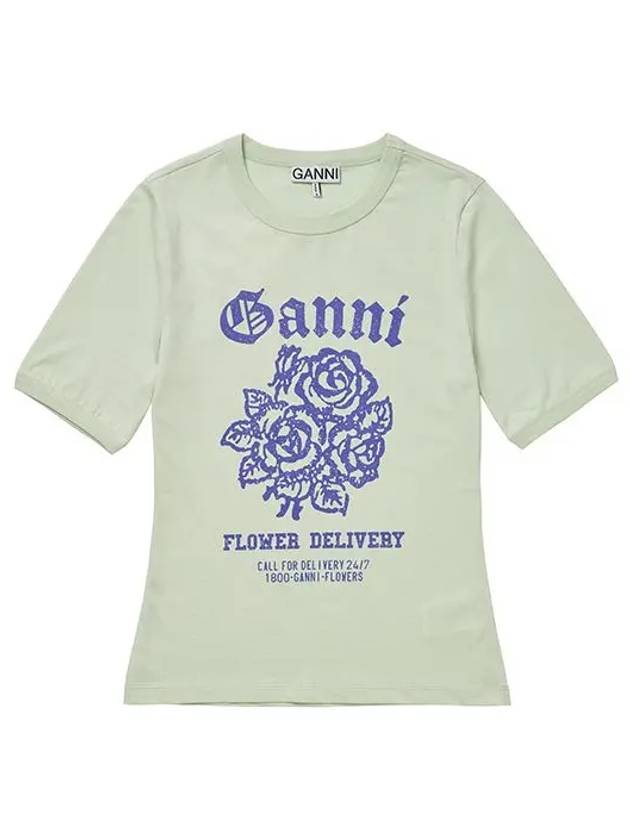 Flower Logo Cotton Short Sleeve T-Shirt Light Mint - GANNI - BALAAN 4