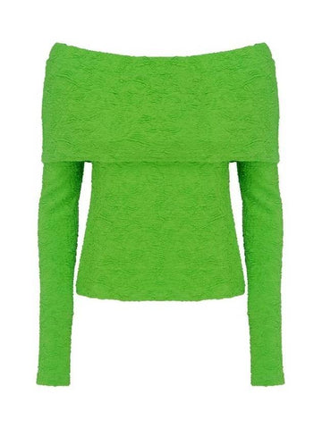 Women's Embossed Fabric Boat Neck Off Shoulder Long Sleeve T-Shirt Green - MSGM - BALAAN 1