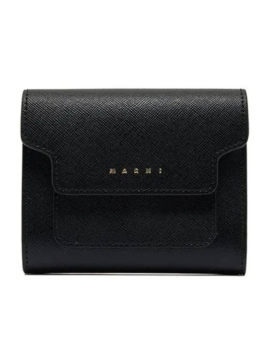 Saffiano Tri-Fold Zipper Half Wallet Black - MARNI - BALAAN.