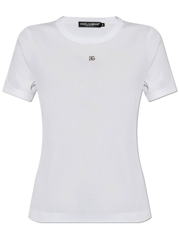 Dolce & Gabbana Ribbed T-shirt With Logo-shaped Appliqué, Women's, White - DOLCE&GABBANA - BALAAN 1