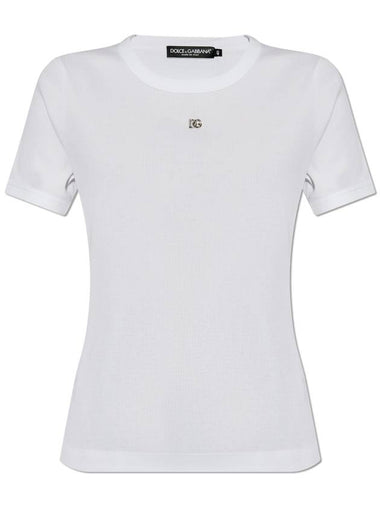 Dolce & Gabbana Ribbed T-shirt With Logo-shaped Appliqué, Women's, White - DOLCE&GABBANA - BALAAN 1