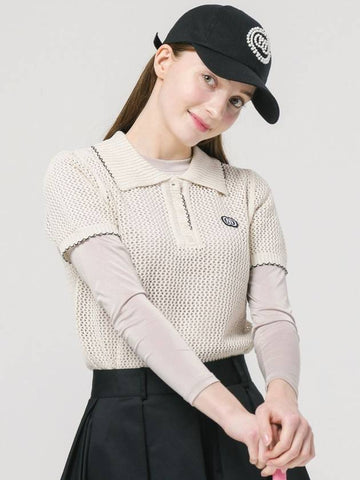 Golf Shirt Collar Lace Stitch Decoration Scarf Beige Short Sleeve Collar Knit DO3222PO32 - DOYOUKNOWMC GOLF WEAR - BALAAN 1