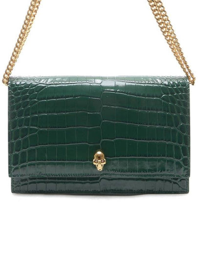 Gold Plated Skull Crocodile Leather Medium Shoulder Bag Green - ALEXANDER MCQUEEN - BALAAN 2