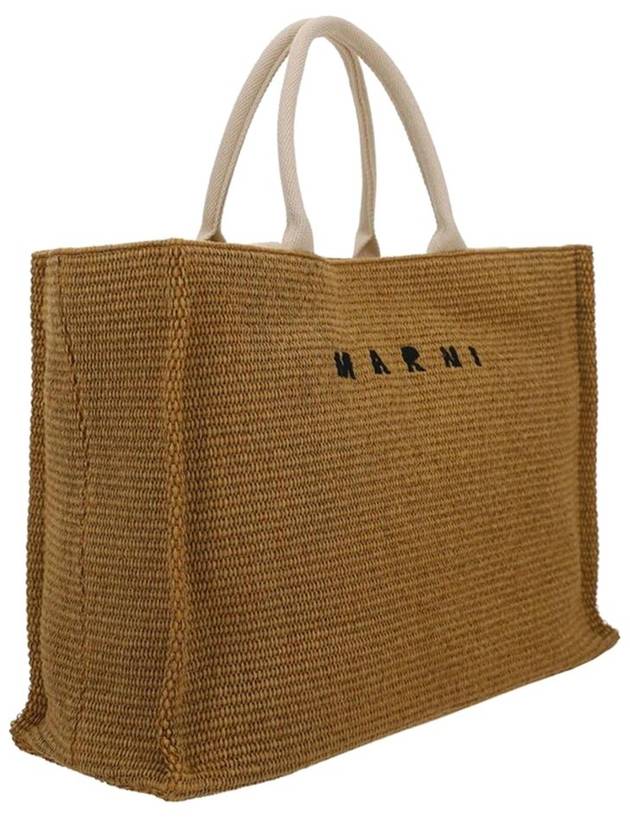 Embroidered Logo Raffia Tote Bag Brown - MARNI - BALAAN 3