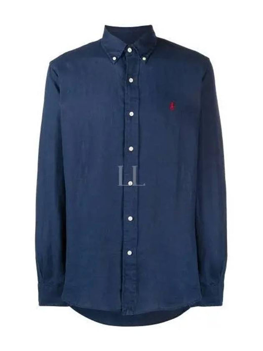 Men's Pony Embroidery Linen Oxford Long Sleeve Shirt Blue - POLO RALPH LAUREN - BALAAN 2