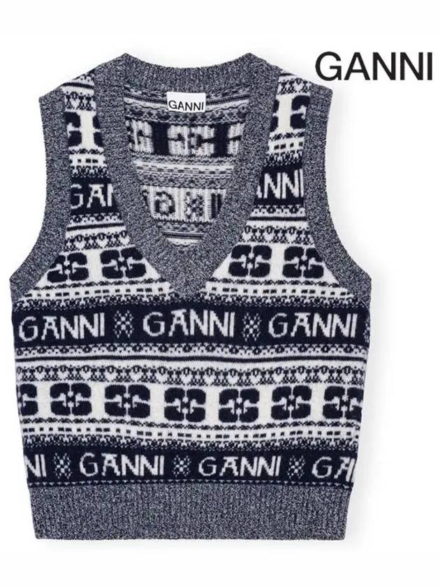 Logo Wool Mix Vest Knit Top Sky Captain - GANNI - BALAAN 3