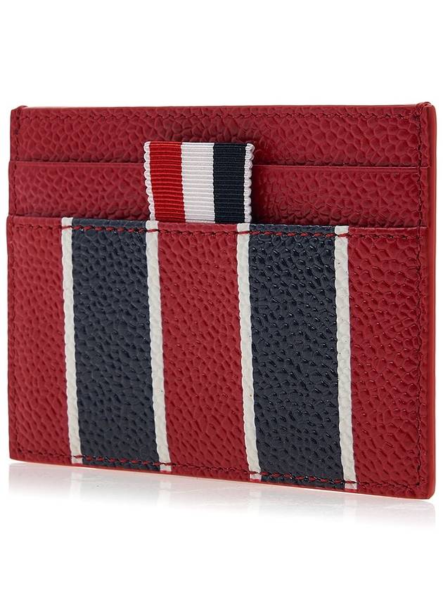 Striped Pebble Grain Leather Single Card Wallet Red - THOM BROWNE - BALAAN 3